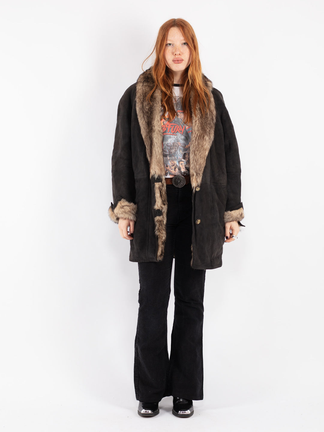 Vintage 90's Women Sheepskin Coat in Gray