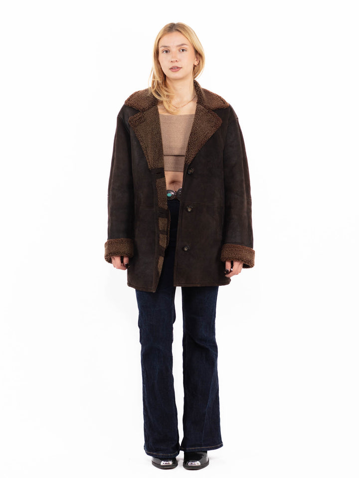 Vintage 90's Women Sheepskin Coat in Dark Brown