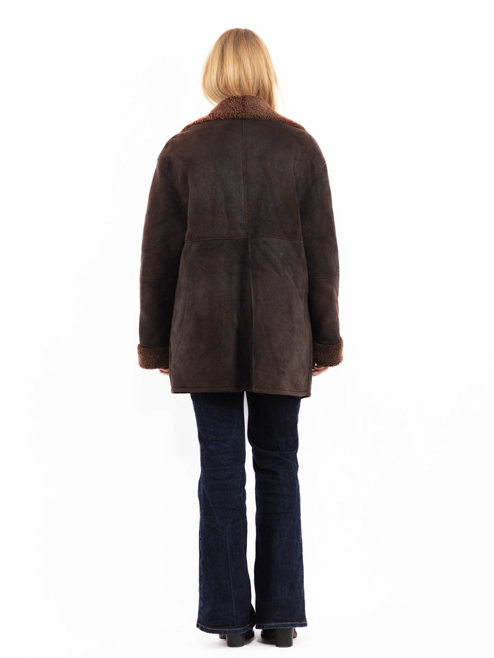 Vintage 90's Women Sheepskin Coat in Dark Brown