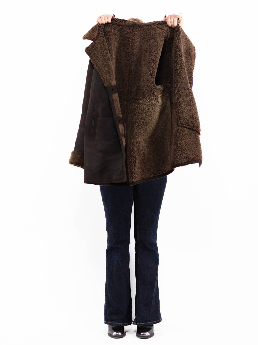 Vintage 90's Women Sheepskin Coat in Dark Brown