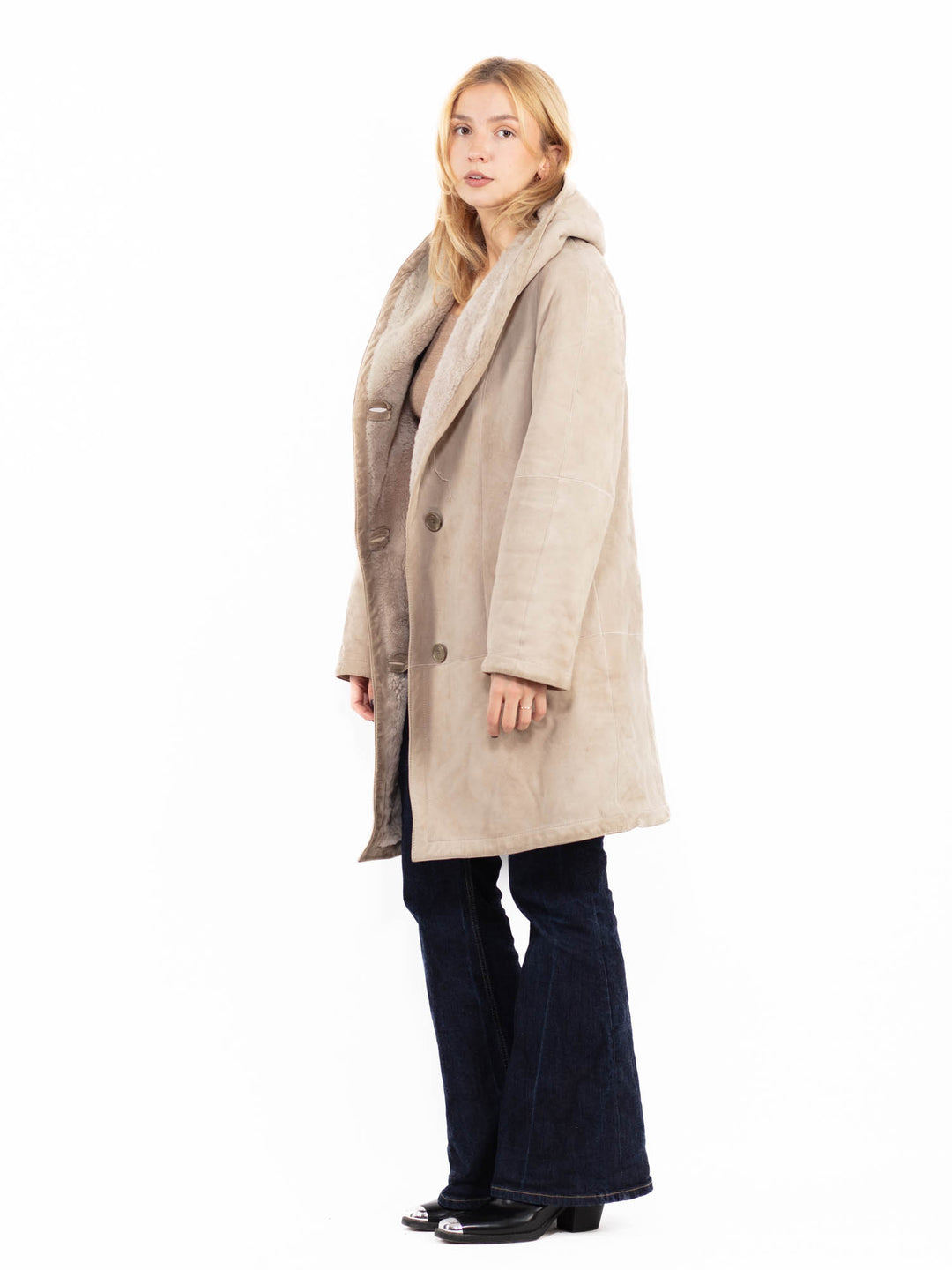 Vintage 90's Women Hooded Sheepskin Coat in Beige