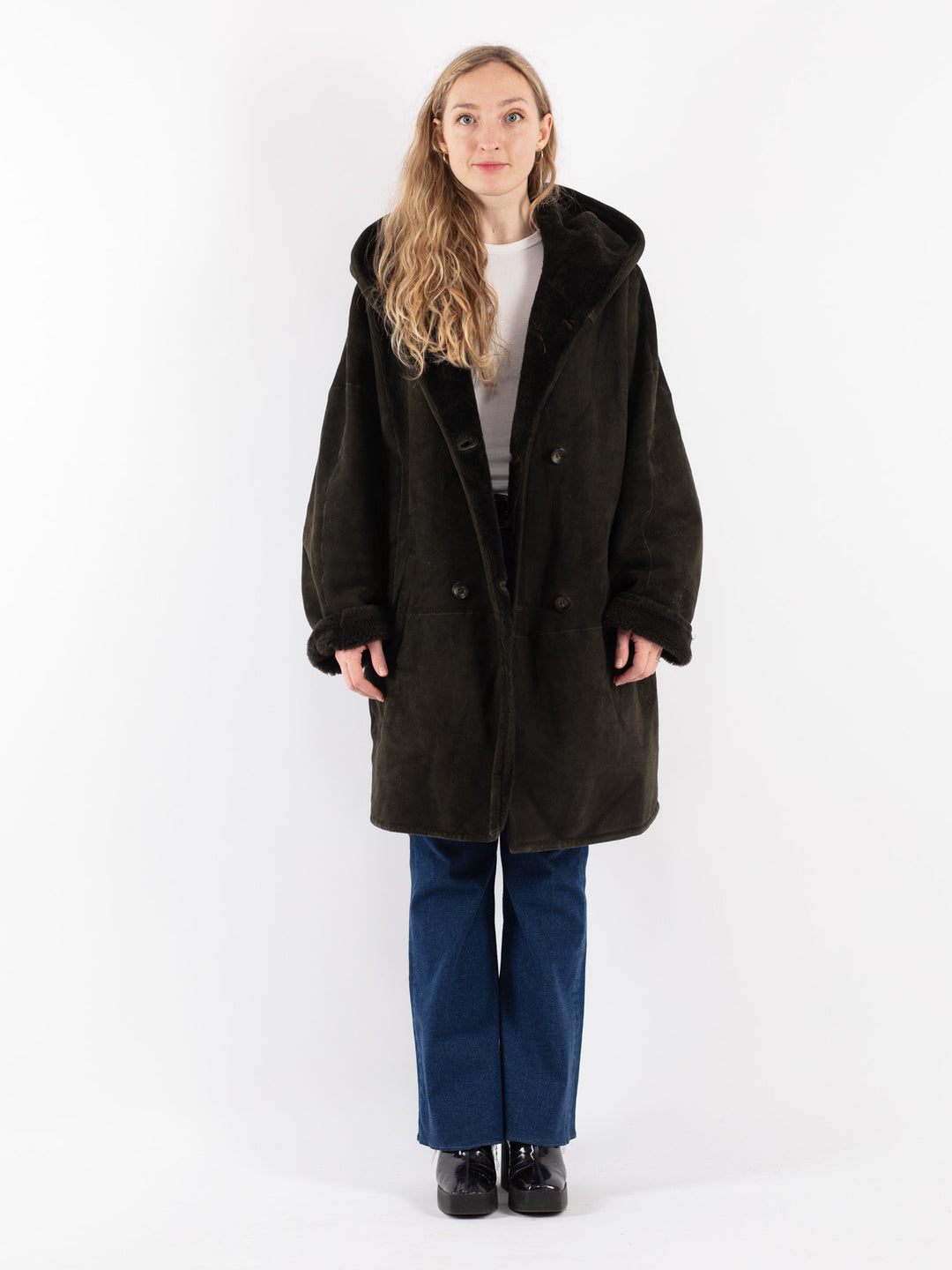 Vintage 90's Women Sheepskin Coat in Green