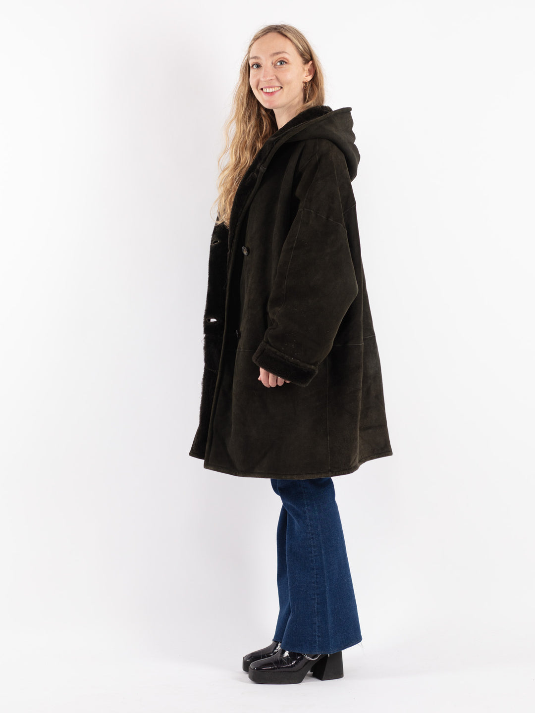 Vintage 90's Women Sheepskin Coat in Green
