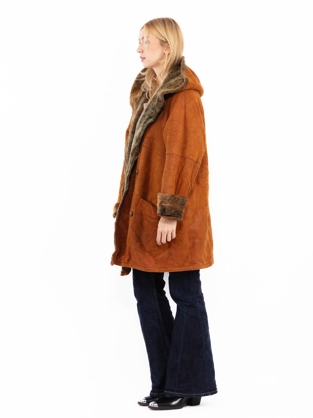 Vintage 90's Women Hooded Sheepskin Coat in Brown