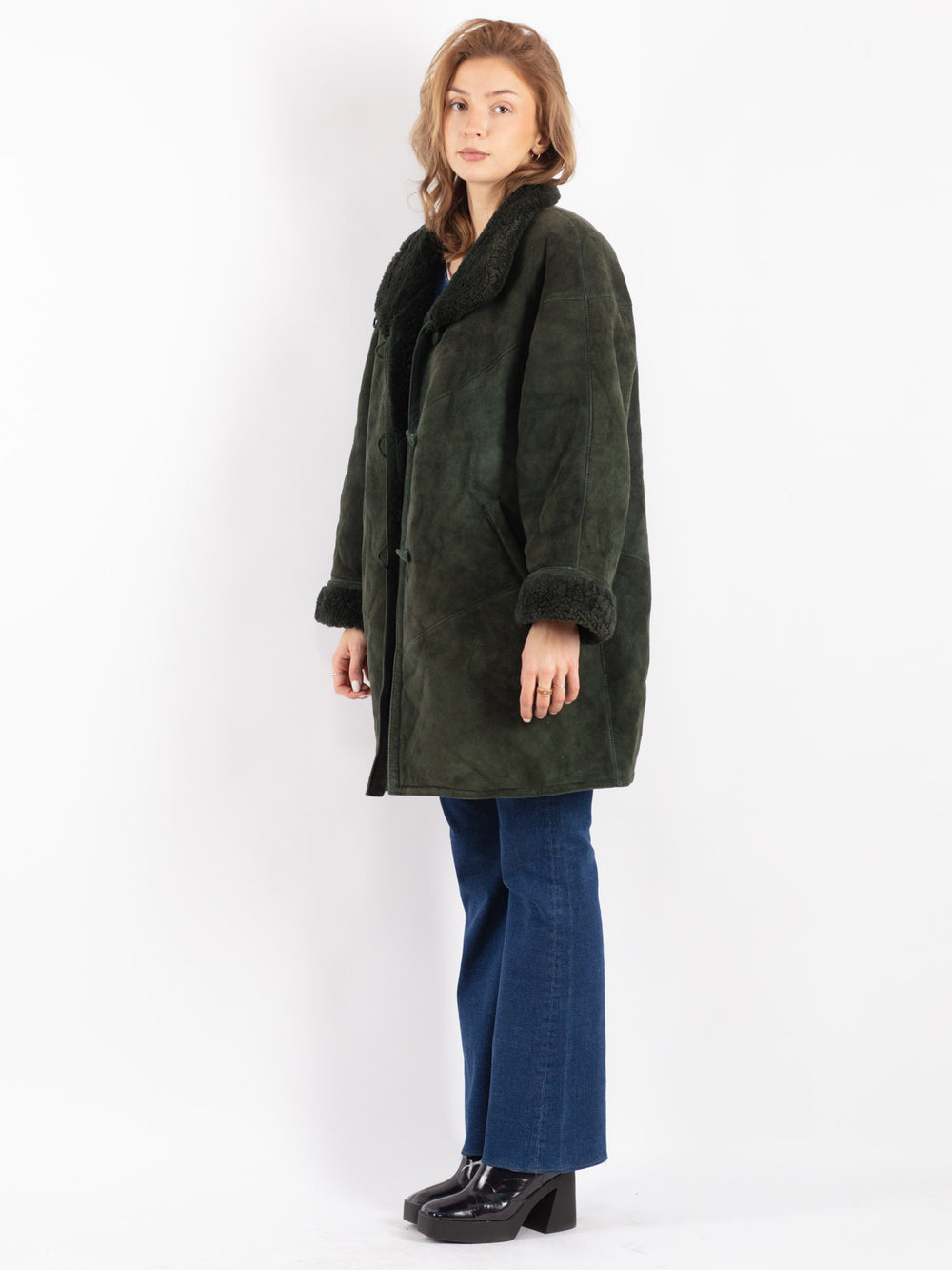 Vintage 80's Women Sheepskin Coat in Green