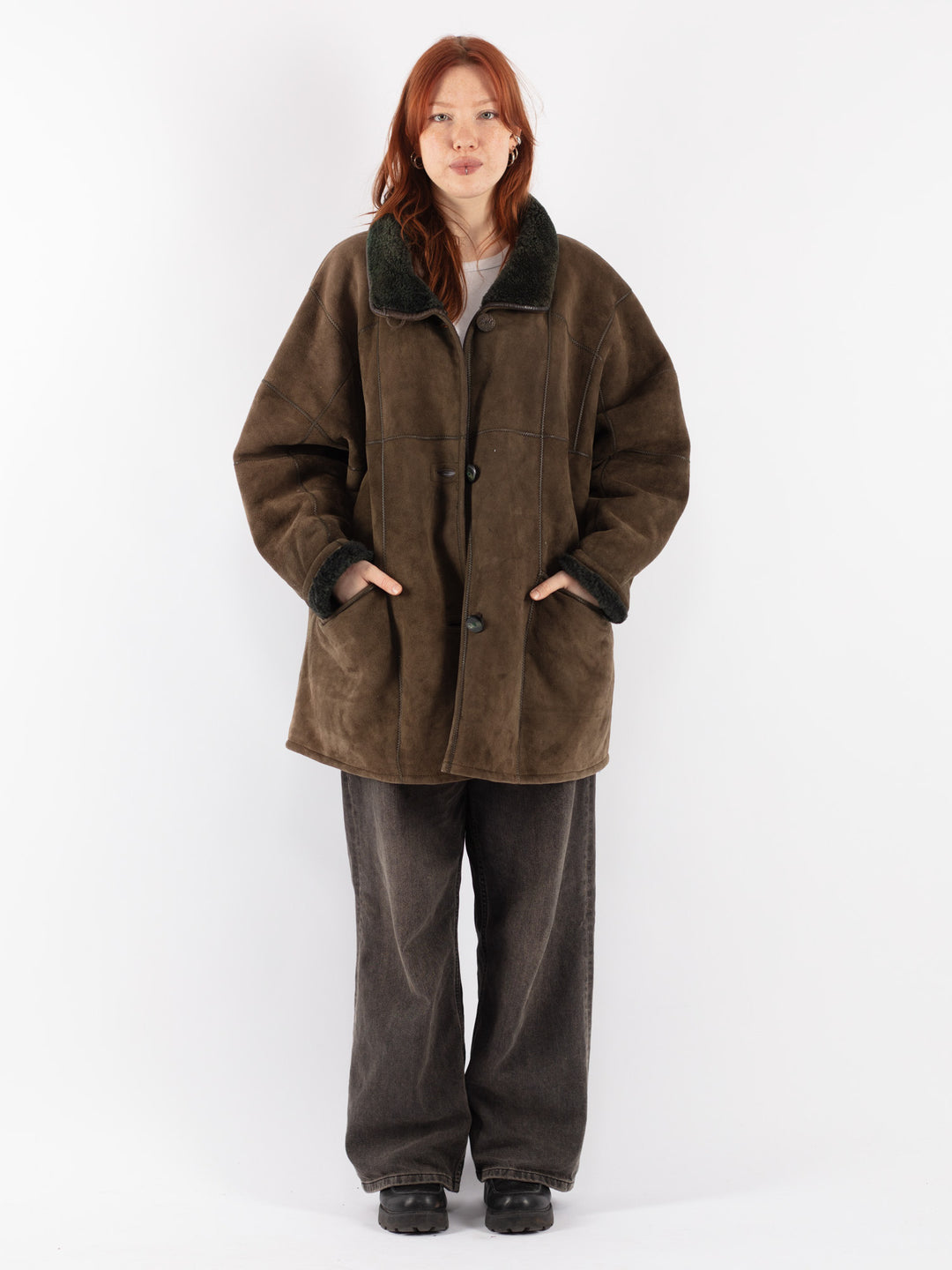 Vintage 90's Women Sheepskin Coat in Green