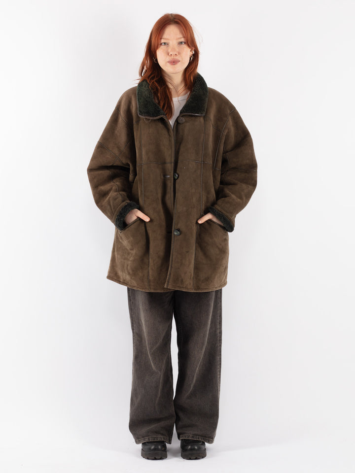 Vintage 90's Women Sheepskin Coat in Green