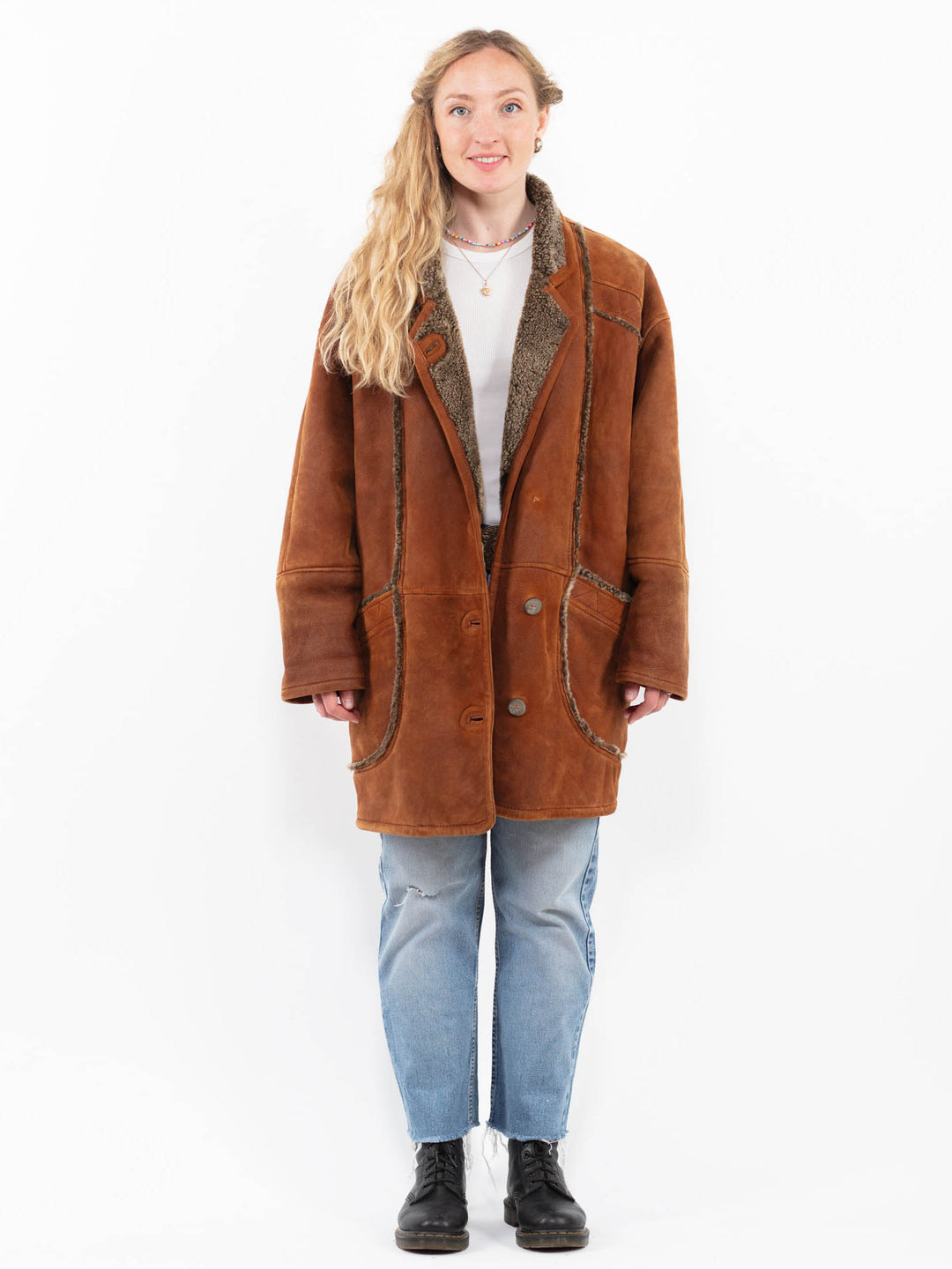 Vintage 90's Women Sheepskin Shearling Coat in BrownA0308