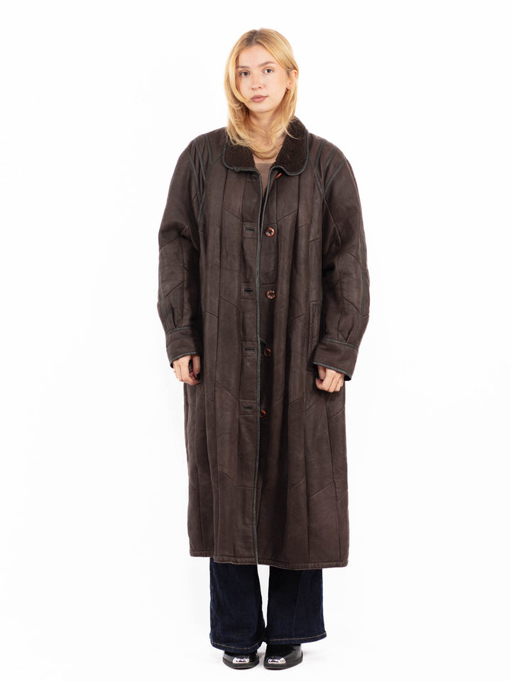 Vintage 90's Women Sheepskin Long Coat in Brown