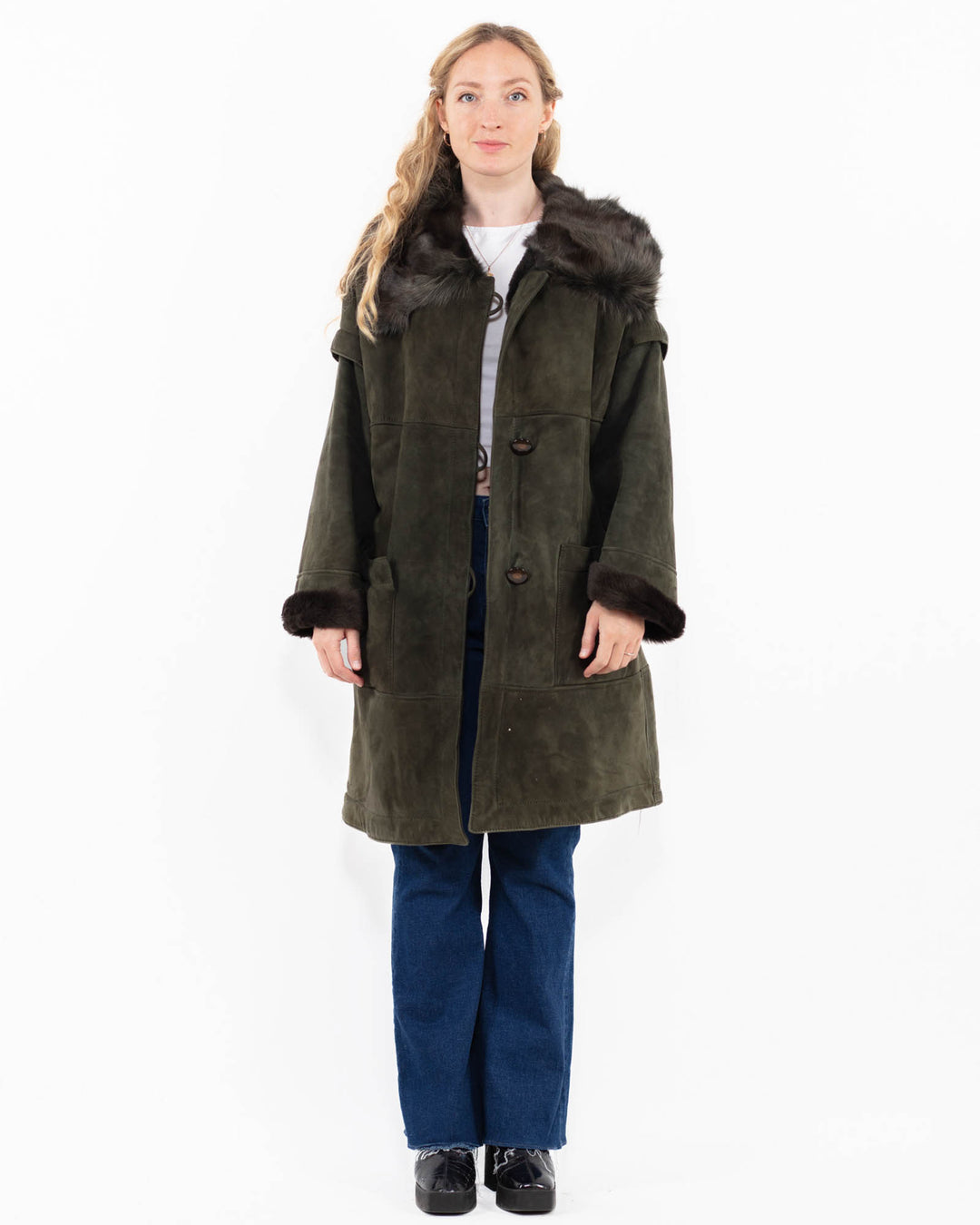 Vintage 80's Women Sheepskin Shearling Coat in GreenA0008