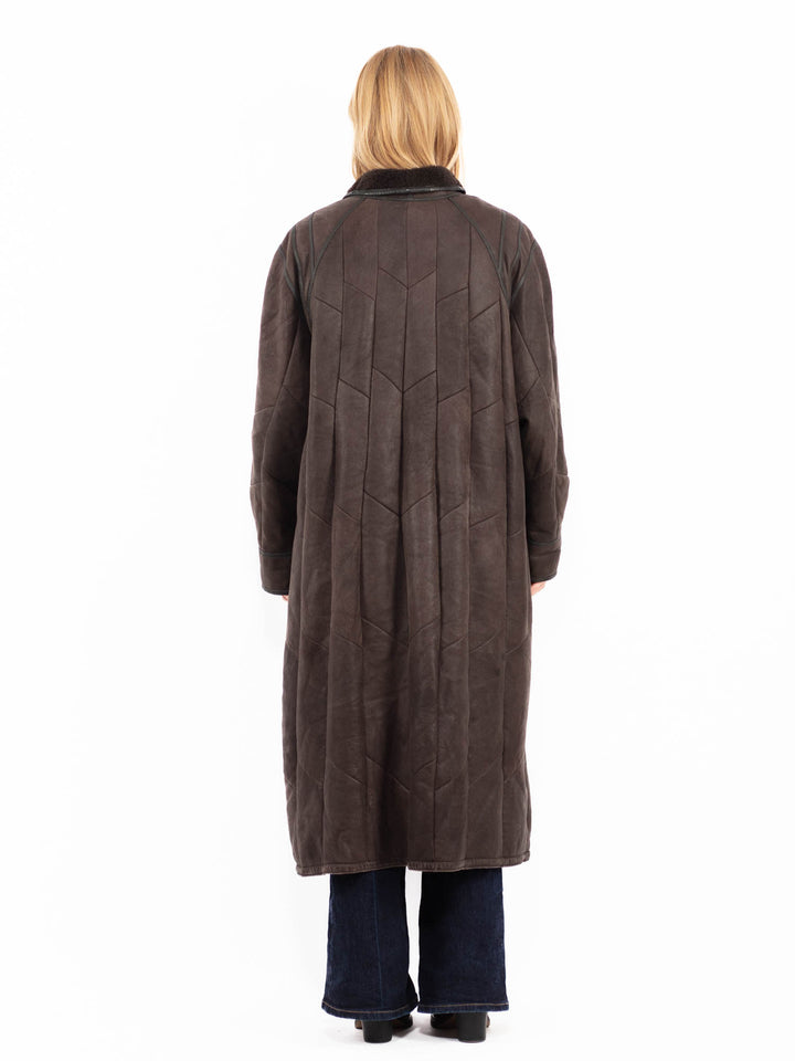 Vintage 90's Women Sheepskin Long Coat in Brown