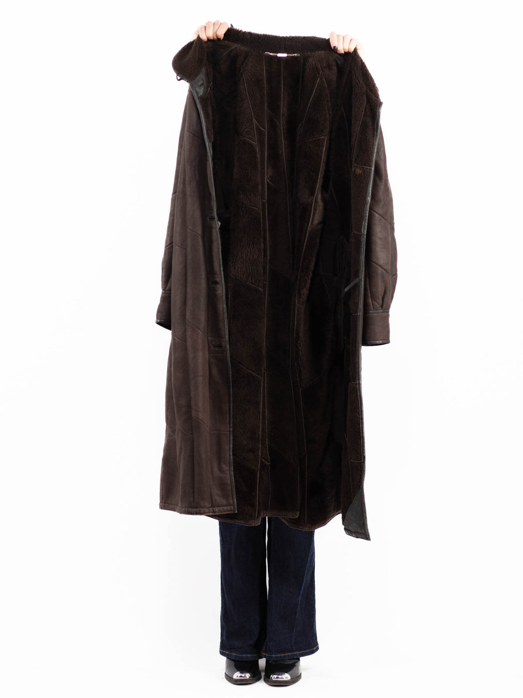 Vintage 90's Women Sheepskin Long Coat in Brown