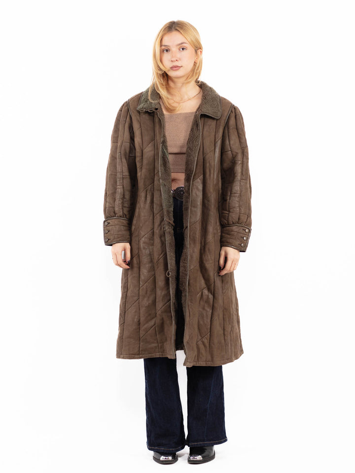 Vintage 90's Women Sheepskin Long Coat in Brown