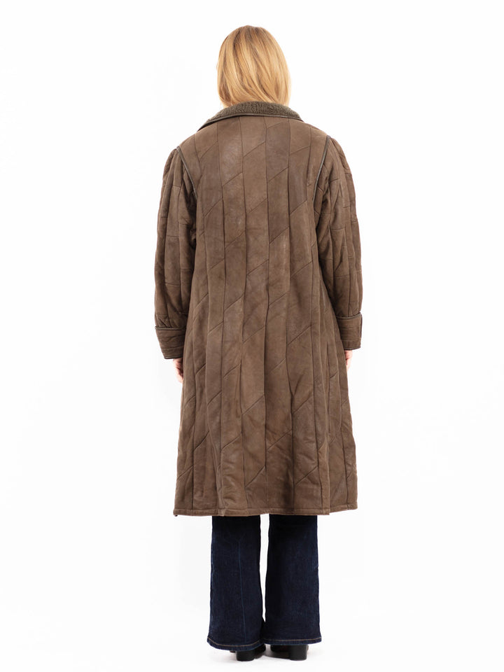 Vintage 90's Women Sheepskin Long Coat in Brown