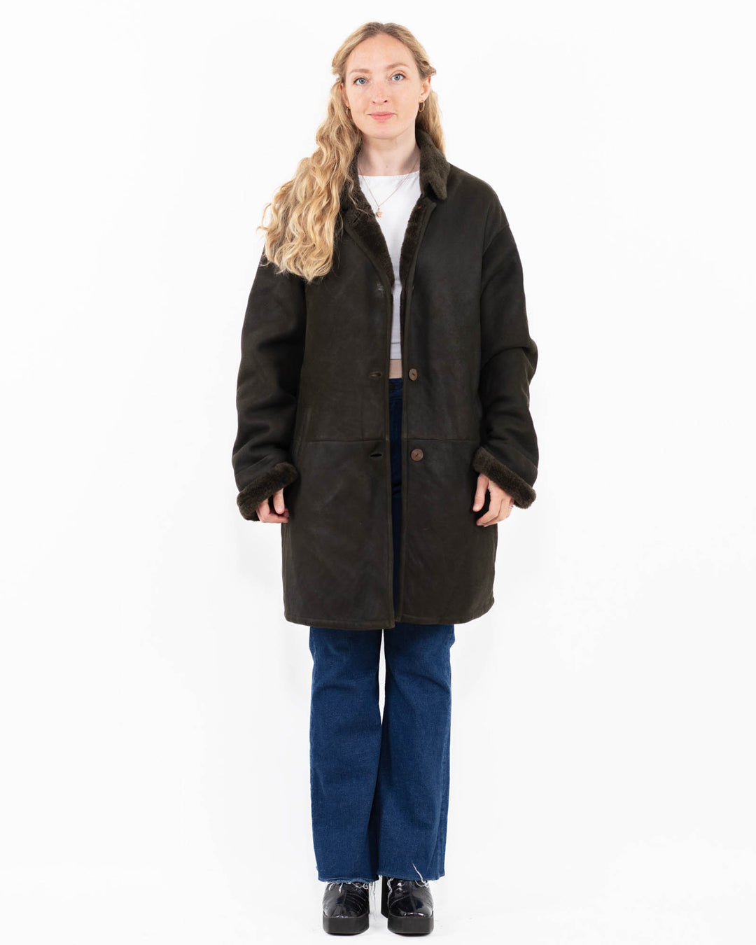 Vintage 90's Women Sheepskin Shearling Coat in GreenA0010