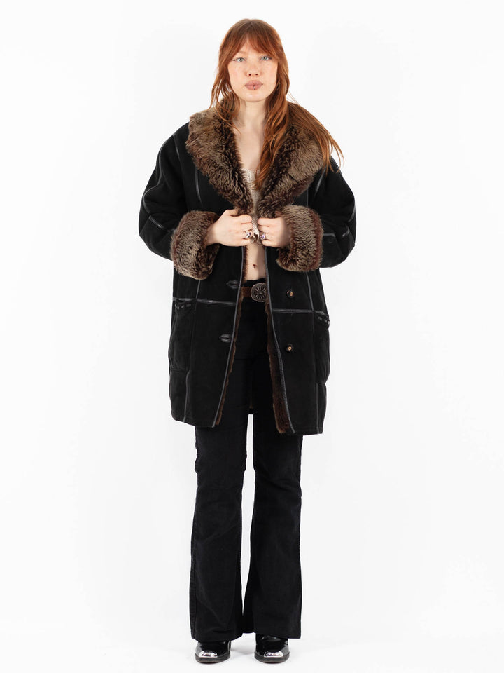Vintage 90's Women Sheepskin Shearling Coat in BlackV9808