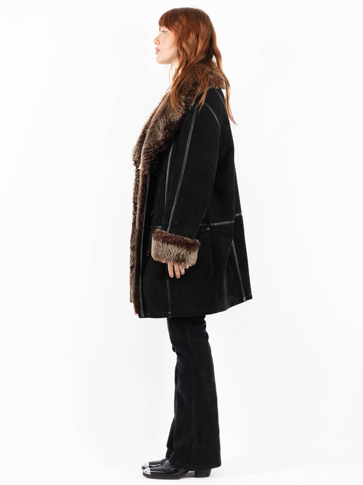 Vintage 90's Women Sheepskin Shearling Coat in BlackV9808