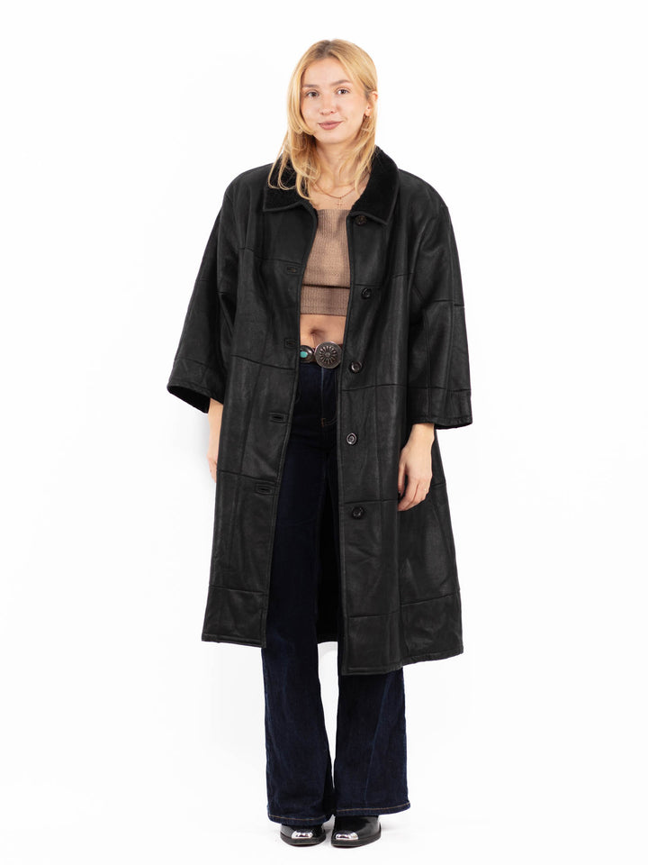 Vintage 90's Women Sheepskin Long Coat in Black