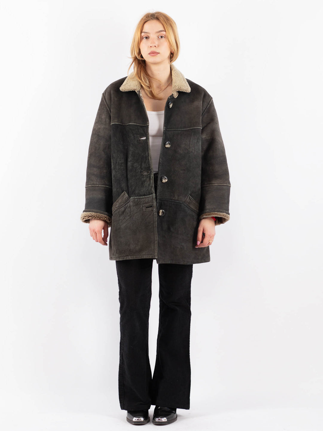 Vintage 90's Women Sheepskin Shearling Coat in BlackV9680