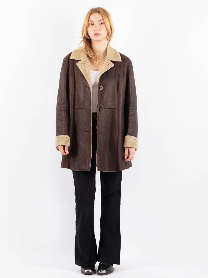 Vintage 90's Women Sheepskin Shearling Coat in BrownV9681