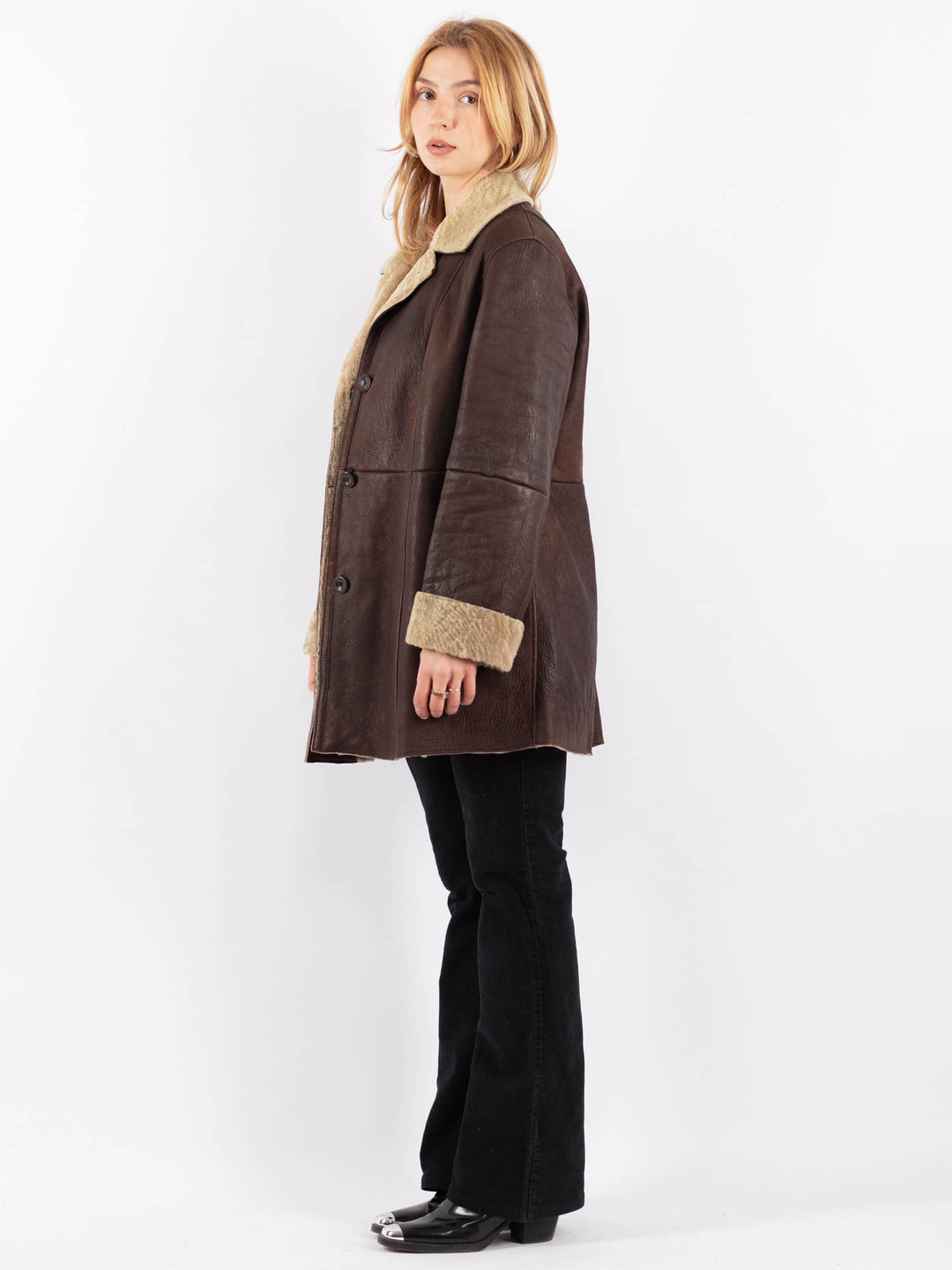Vintage 90's Women Sheepskin Shearling Coat in BrownV9681