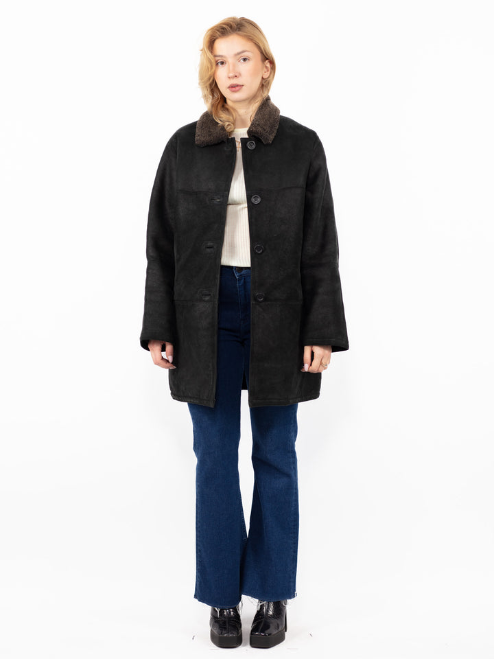 Vintage 90's Women Sheepskin Shearling Coat in Black