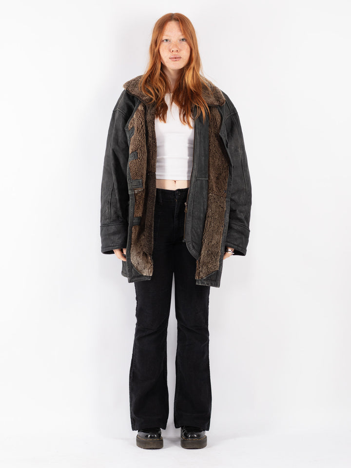 Vintage 90's Women Sheepskin Shearling Coat in Black