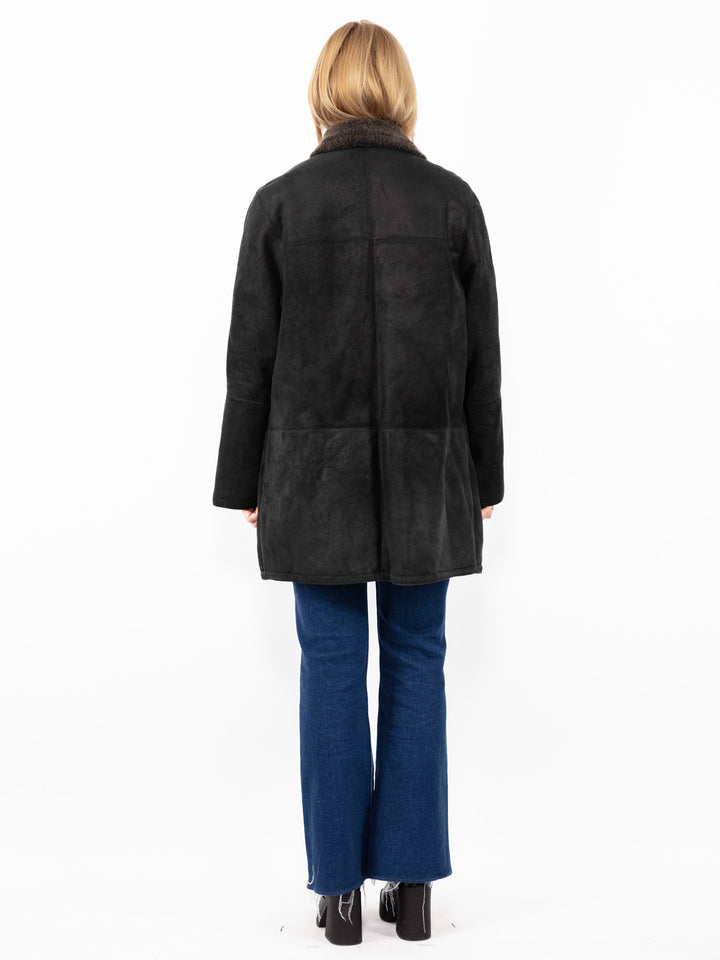 Vintage 90's Women Sheepskin Shearling Coat in Black