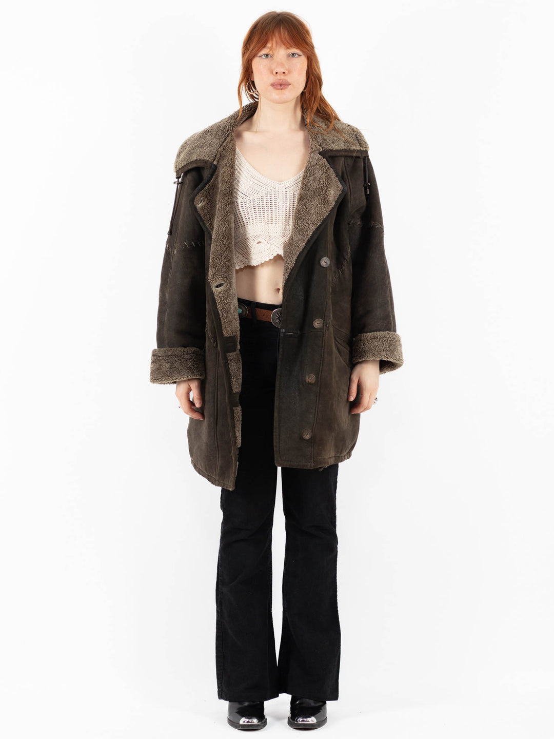 Vintage 90's Women Sheepskin Shearling Coat in GrayV9818