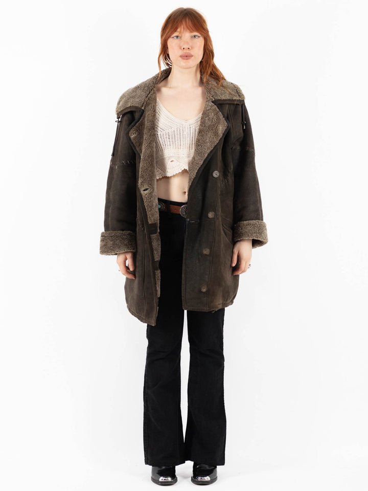Vintage 90's Women Sheepskin Shearling Coat in GrayV9818