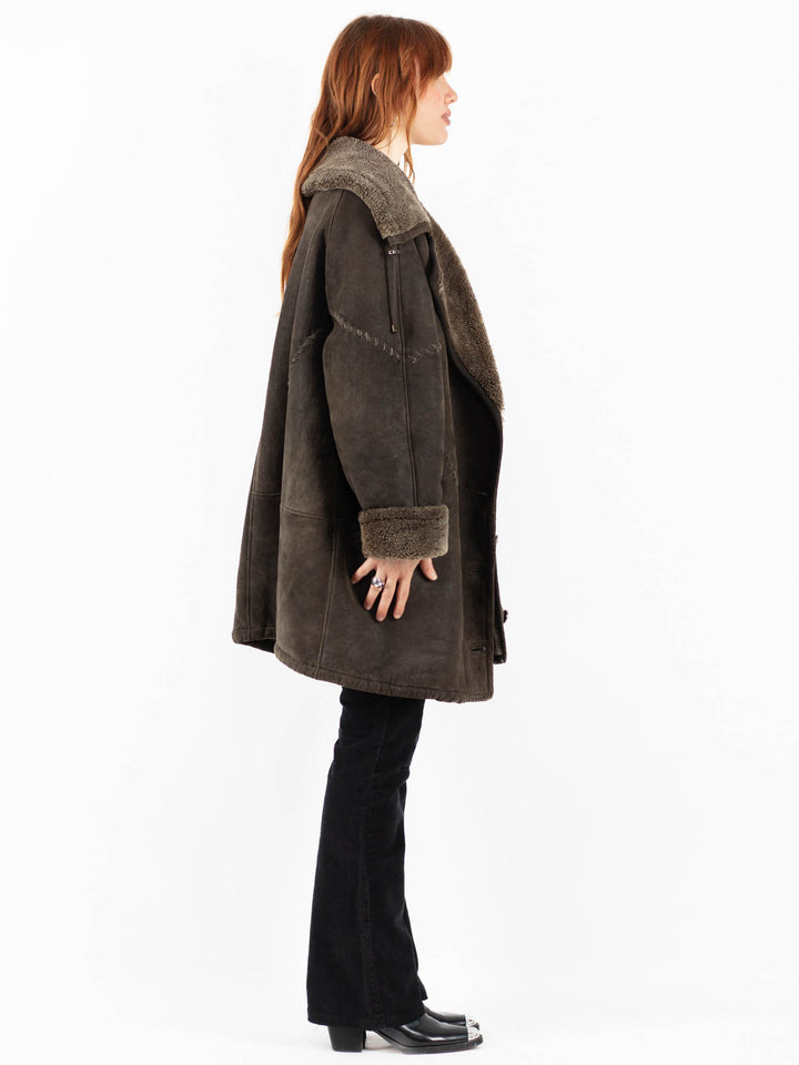 Vintage 90's Women Sheepskin Shearling Coat in GrayV9818