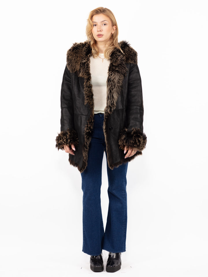 Vintage 90's Hooded Penny Lane Sheepskin Coat in Black
