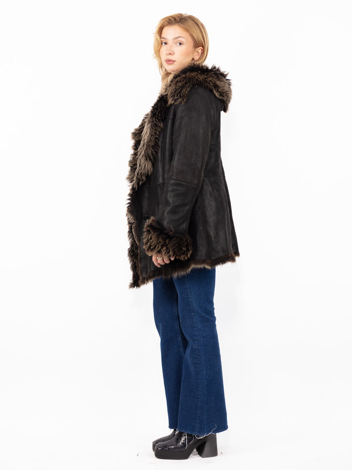 Vintage 90's Hooded Penny Lane Sheepskin Coat in Black