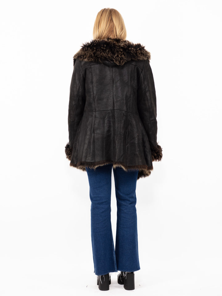 Vintage 90's Hooded Penny Lane Sheepskin Coat in Black