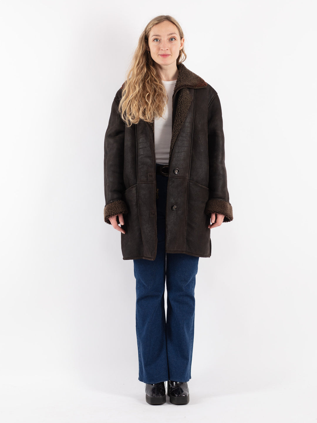 Vintage 90's Women Sheepskin Coat in Brown
