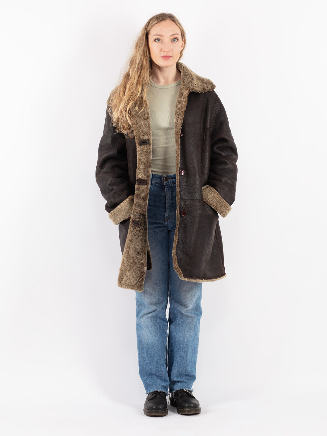 Vintage 90's Women Sheepskin Shearling Coat in Brown
