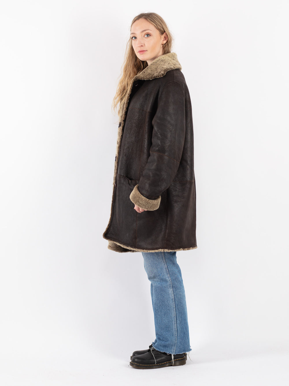 Vintage 90's Women Sheepskin Shearling Coat in Brown
