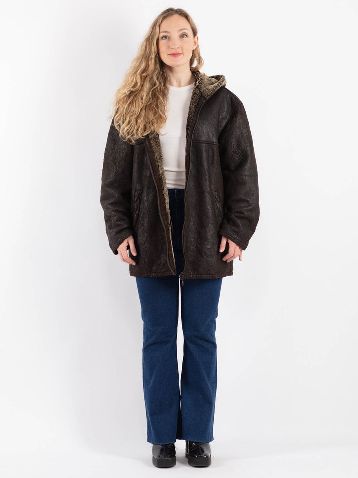 Vintage 90's Women Sheepskin Shearling Coat in Brown