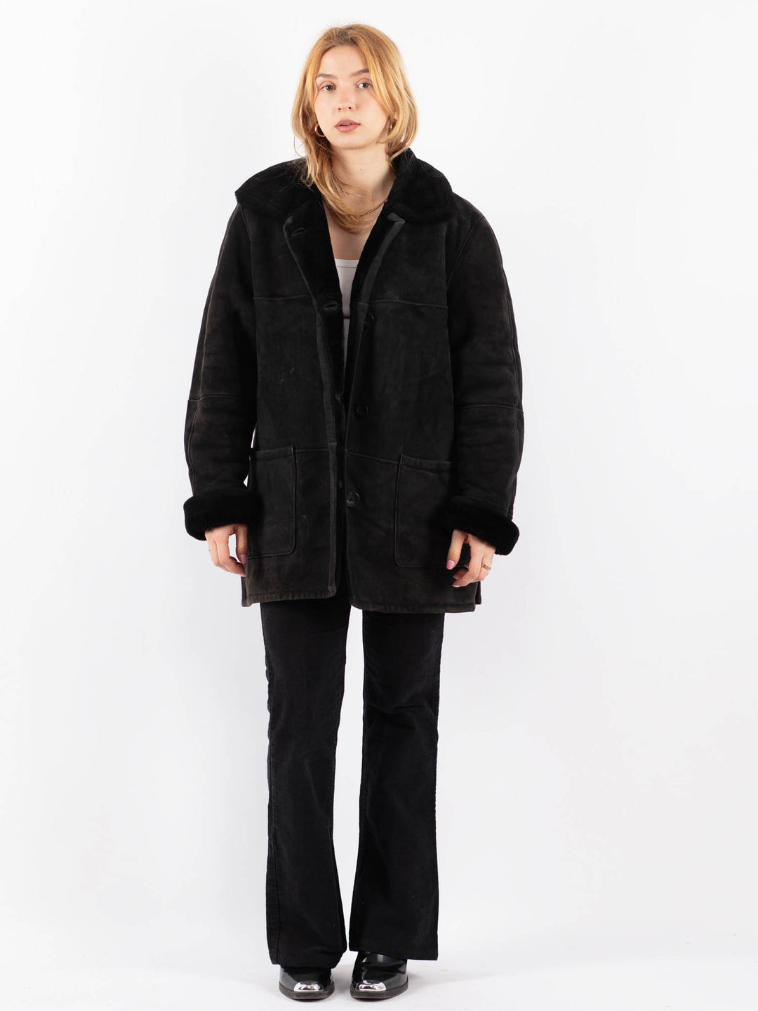 Vintage 90's Women Sheepskin Coat in BlackV9689