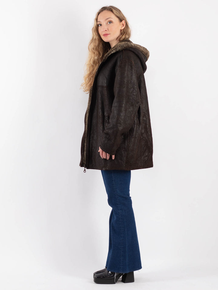 Vintage 90's Women Sheepskin Shearling Coat in Brown