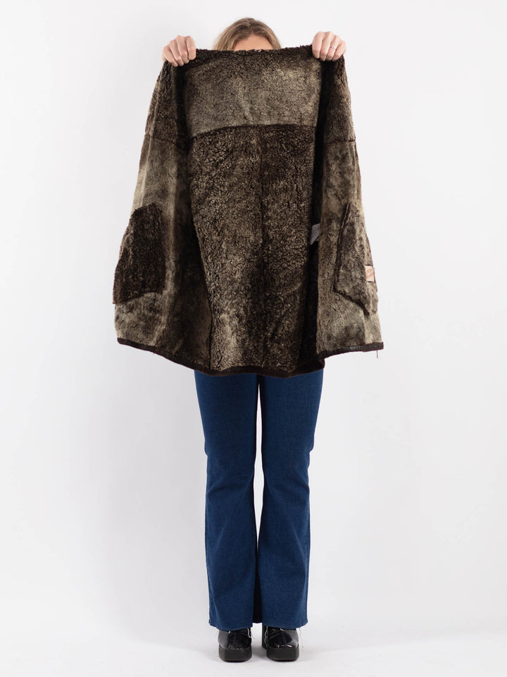 Vintage 90's Women Sheepskin Shearling Coat in Brown