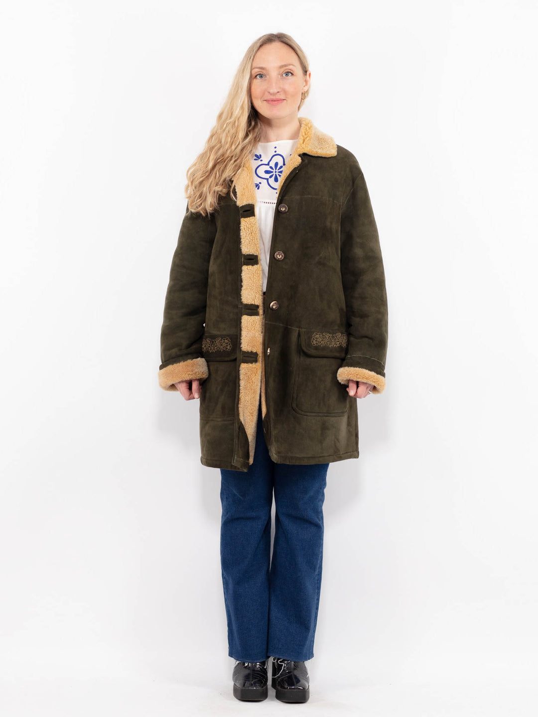 Vintage 90's Women Sheepskin Coat in GreenA1073