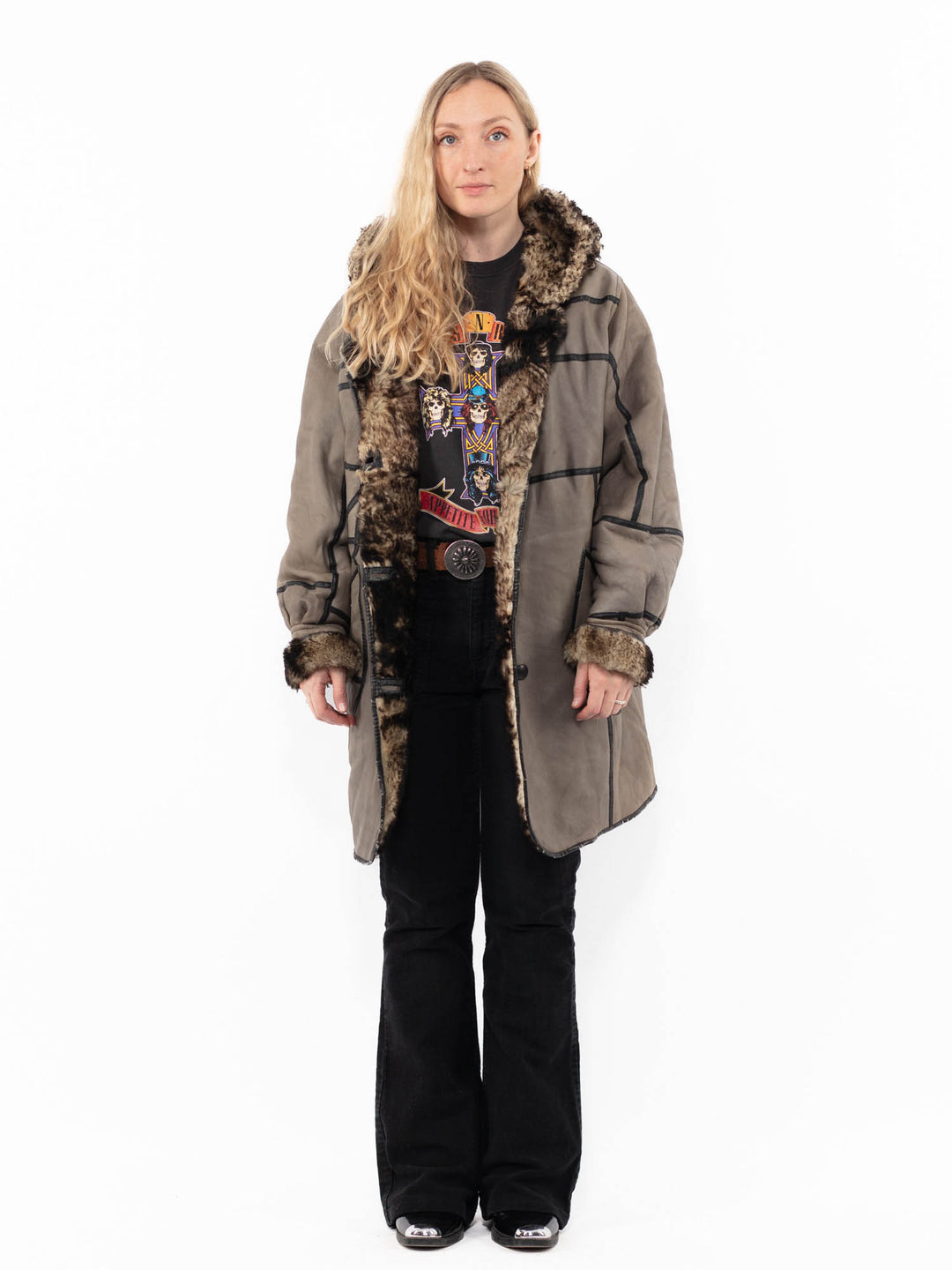 Vintage 90's Women Sheepskin Coat in GrayA0968