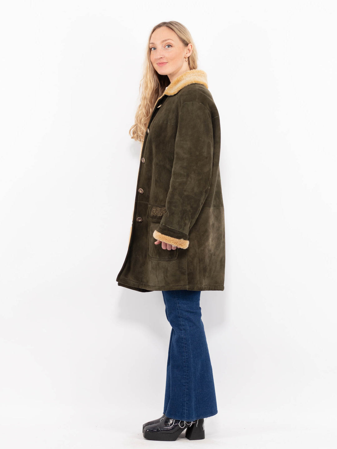 Vintage 90's Women Sheepskin Coat in GreenA1073