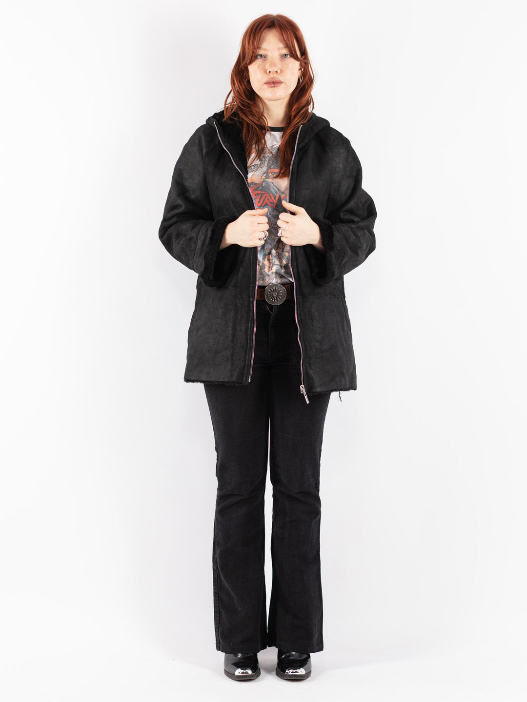 Vintage 90's Women Sheepskin Coat in Black