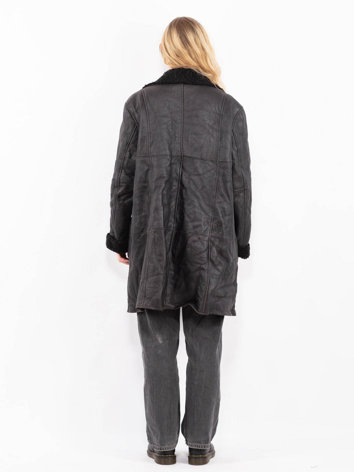 Vintage 90's Women Sheepskin Leather Coat in Black