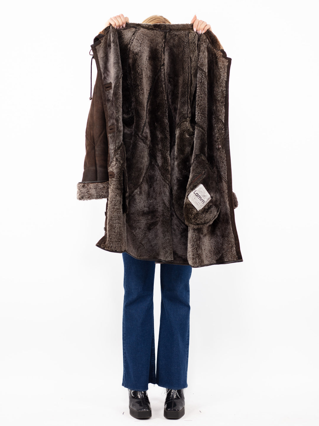 Vintage 90's Women Oversized Sheepskin Coat in Brown