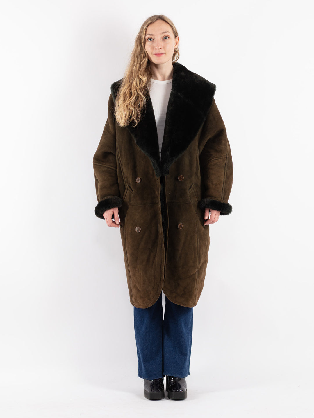 Vintage 90's Women Sheepskin Coat in Green