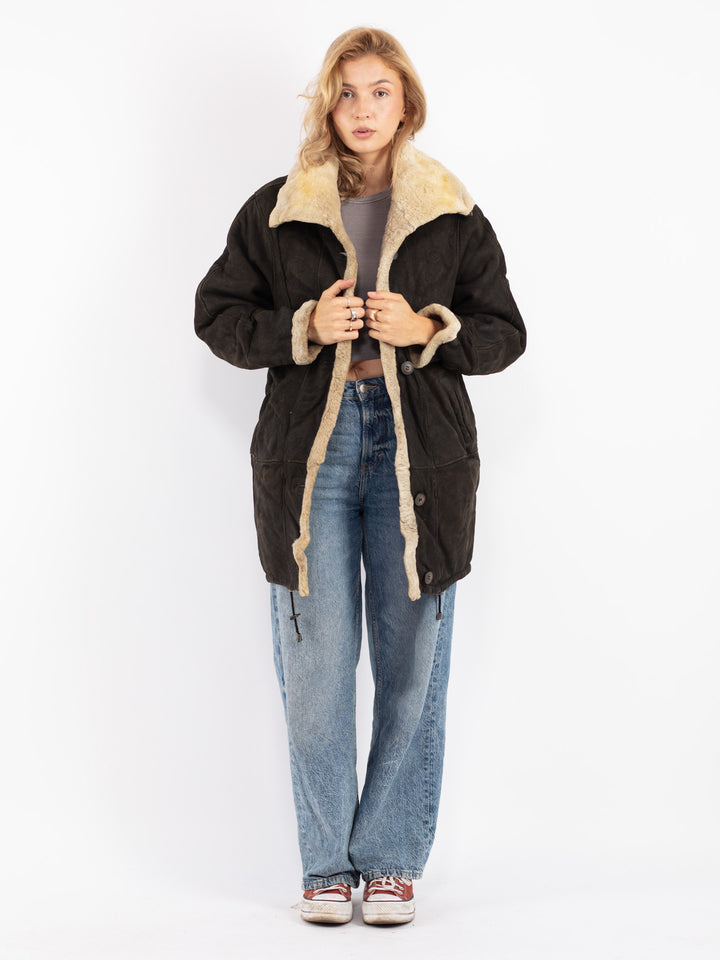 Vintage 90's Women Sheepskin Coat in Gray