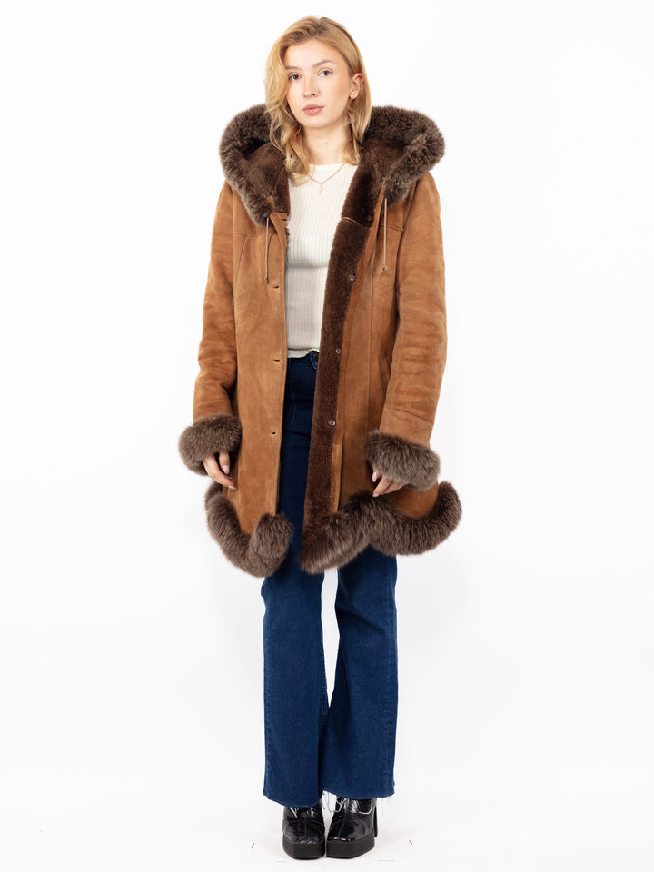 Vintage 90's Hooded Penny Lane Sheepskin Coat in Brown
